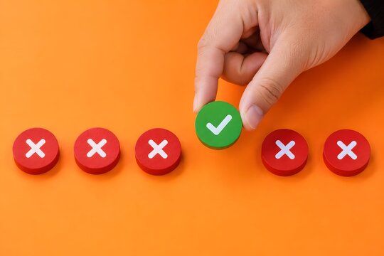 Hand Placing Green Check Mark Among Red Crosses