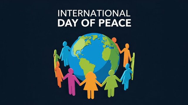 International Day of Peace concept, diverse people holding hands around the world globe, global unity and harmony illustration on dark background