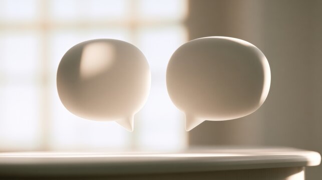 Chat bubbles appear above a counter, capturing buyer-seller communication. Soft light enhances the floating effect without any text present.