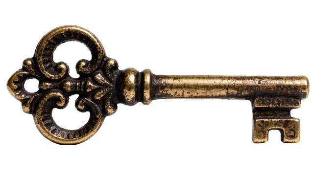 Antique ornate brass skeleton key with intricate scrollwork, isolated on transparent background