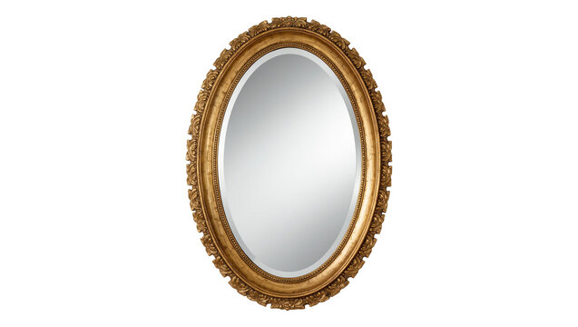Ornate oval gold baroque mirror with decorative carved frame, isolated on transparent background