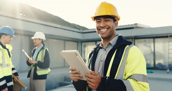 Face, engineer and tablet at site for construction, research and inspection report of architecture. Portrait, man and smile outdoor with tech, blueprint and compliance checklist for building progress