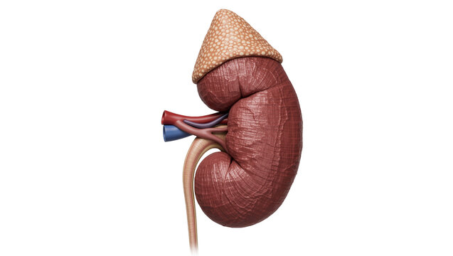 Human kidney with adrenal gland and blood vessels, isolated on transparent background