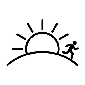 Morning run icon with sunrise behind hill silhouette for fitness and health design minimalist jogging stick figure symbol for active lifestyle motivation