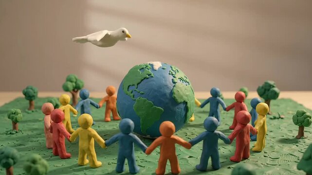 Claymation world peace concept with plasticine people holding hands around globe, white dove of peace flying over earth, handmade stop motion animation
