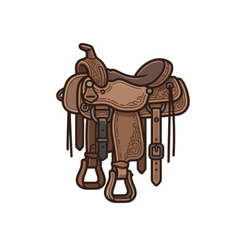 Western saddle made of brown leather featuring intricate tooling and straps.