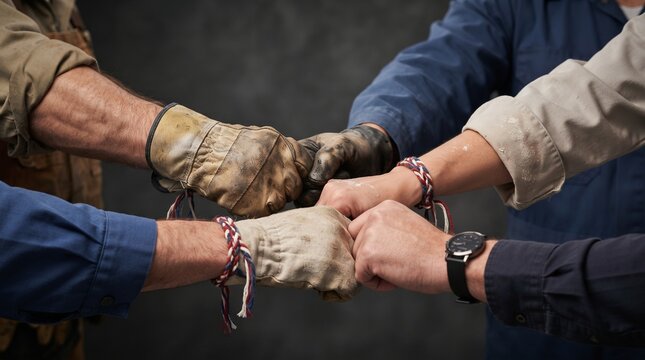 Diverse industrial workers joining hands together in a circle for unity