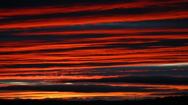 A dramatic sunset sky filled with horizontal bands of deep red and orange clouds above a dark silhouette of the horizon.