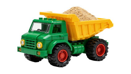 Green toy dump truck loaded with sand, isolated on transparent background © Cian