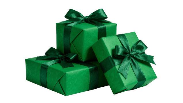 Stack of three green gift boxes with satin ribbons, isolated on transparent background