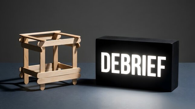 Concept of project debriefing and evaluation featuring a wooden popsicle stick structure beside a glowing lightbox with the word DEBRIEF for business review and assessment