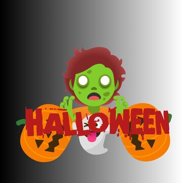 Vector illustration of a cute green-skinned zombie character with brown hair on a background of spooky red "Halloween" text, flanked by two orange Jack-o'-lantern pumpkins