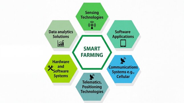 Smart farming infographic diagram with hexagonal technology components