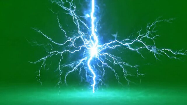 Electric lightning bolt strike isolated on green screen for easy compositing and visual effects electricity