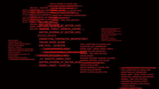 Red System Error Text Flashing Rapid Terminal Failure Logs during Cyber Malware Attack on Black Screen