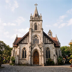 Fototapeta premium Historic Gothic Church Building with Tower and Steeple in Town.