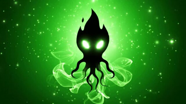 Glowing alien creature silhouette with green smoke and glowing eyes fantasy motion background stock footage.
