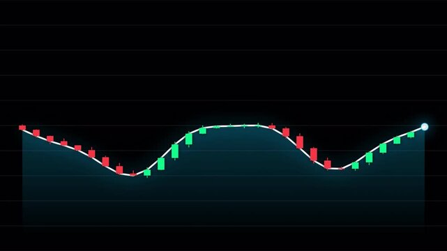 Abstract financial chart showing market trends with glowing red and green candlesticks on a dark background.