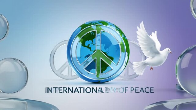 International Day of Peace concept with white dove and earth globe. Global peace symbol and world unity illustration. Harmony and non-violence graphic.