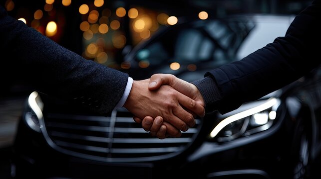 Two men engage in a handshake beside a sleek luxury vehicle in a contemporary showroom illuminated by evening light