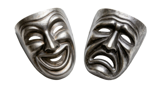 Two antique silver theater masks comedy and tragedy, isolated on transparent background