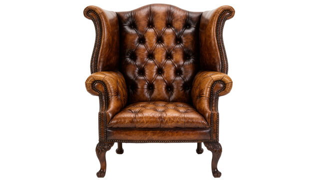 Ornate brown leather wingback armchair with tufted details, isolated on transparent background