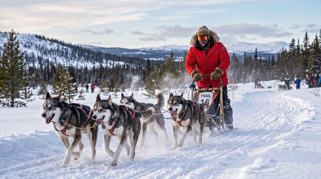 Man drives husky sled dog team racing through snowy winter wilderness for adventure travel blogs, mushing expedition guides, and winter outdoor sport content.