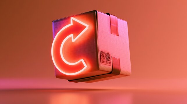 A glowing return arrow surrounds a parcel in a bright setting, showcasing the concept of easy returns with clear space for use.