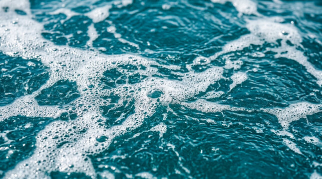 Ocean foam and turbulent water surface close up macro photography