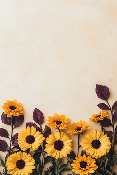 Elegant Vertical Social Media Background with Yellow Flowers and Purple Leaves Bordering Bottom Edge