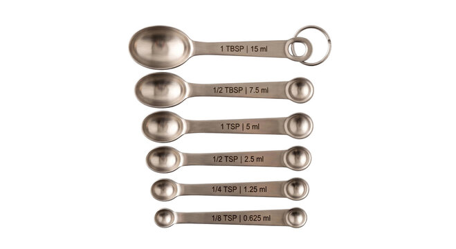 Set of stainless steel measuring spoons with various capacities for cooking and baking