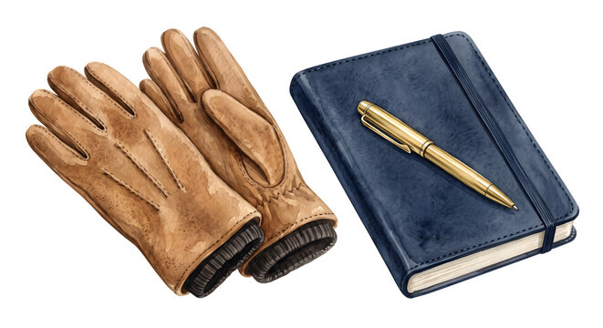 Watercolor winter suede leather gloves with journal notebook and brass pen on white background