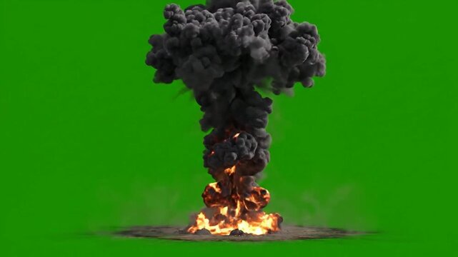 Large realistic fire explosion with mushroom cloud on green screen for vfx compositing blast pyrotechnics