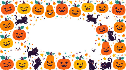Fototapeta premium Cute Halloween Pumpkin and Black Cat Border with Candy Corn and Festive Confetti