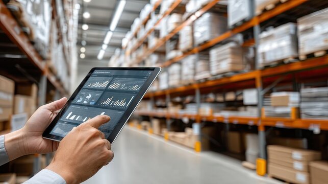 Person interacts with a tablet displaying inventory details while surrounded by shelves full of boxes in a warehouse setting