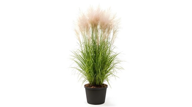 Potted ornamental pampas grass plant with fluffy white plumes and green foliage isolated on white