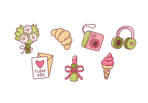 Cute glamour clipart collection. Girl lifestyle pink fashion and beauty elements. Hand drawn kawaii vector elements set