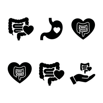 Heartfelt digestive system icons with hands and hearts