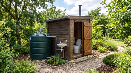 Obraz premium An eco-friendly rustic wooden outdoor composting toilet cabin equipped with a rainwater harvesting system in a lush green backyard garden setting