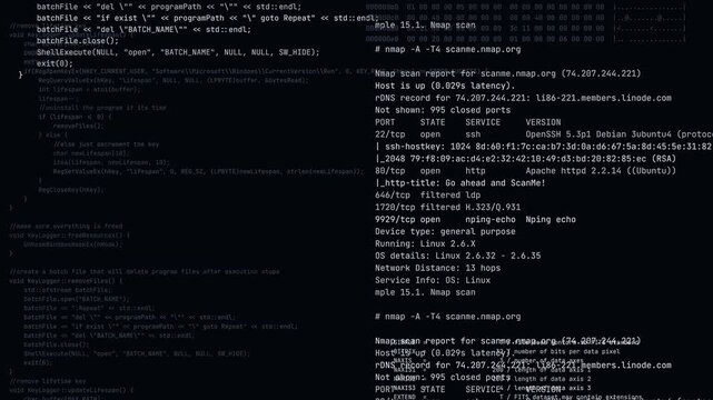 Network Diagnostic Scan Logs and Cybersecurity Source Code Scrolling on Black Terminal Screen Interface