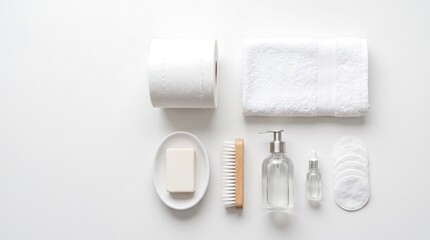 Obraz premium A flat lay composition featuring an organized assortment of personal hygiene and bath essentials including a soft white towel, toilet paper, soap, a wooden nail brush, and skincare serum bottles