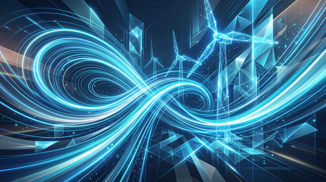 Abstract blue light streaks swirl around glowing wind turbines in a digital environment.