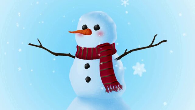 Cute Snowman with Red Scarf and Carrot Nose in Snowy Field, Winter Christmas Holiday Illustration, Blue Sky Snow Season Cartoon Vector, Festive Winter Landscape Card