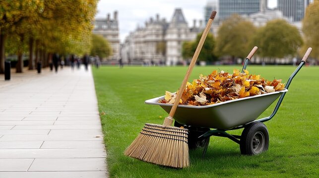 A wheelbarrow loaded with colorful leaves rests beside a walkway in a serene garden during the fall season, amidst scattered foliage