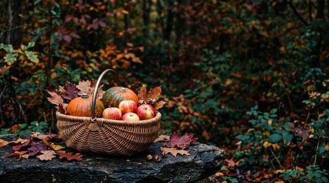 Autumn season abstract background design new 2026 Basket of autumn apples surrounded by colorful fallen leaves in a forest illustration