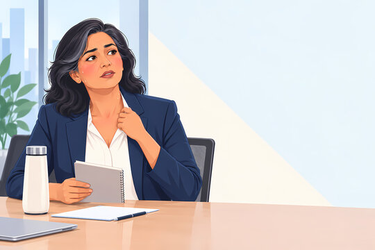 Midlife Businesswoman Experiencing Hot Flash During Office Meeting Illustration