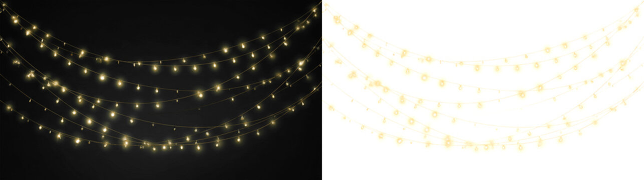 Christmas string lights on a transparent background. String lights with glowing golden bulbs. Christmas string lights PNG. Christmas decoration.
