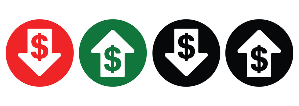 Money increase icon featuring upward and downward arrows for profit, loss, income, expenses, financial growth, and decline, vector, design