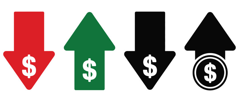 Money increase icon with upward arrow and dollar symbol representing profit, growth, earnings, investment, and financial success, vector, design