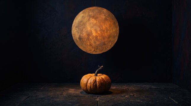 Autumn season abstract background design new 2026 Pumpkin with a large floating moon in dark background illustration